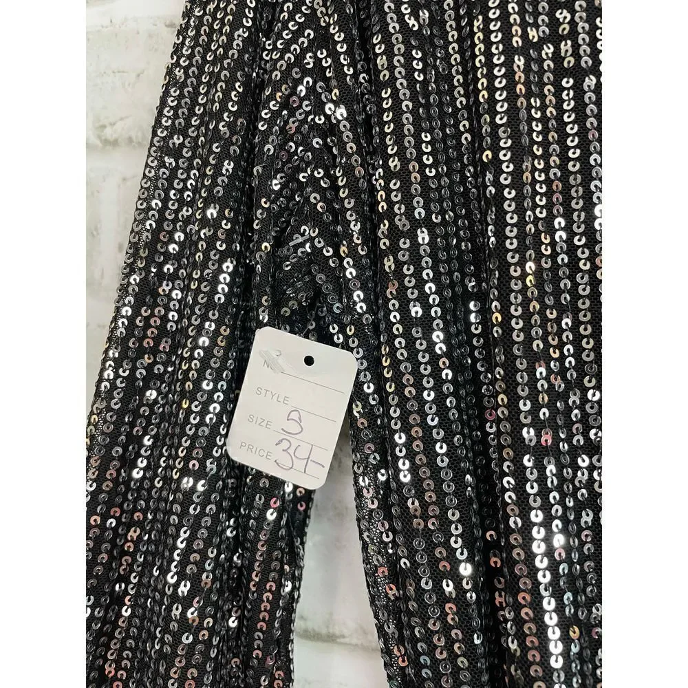 New Boutique Sparkle Black Silver Mini Dress with Velvet Tie Belt Women's Size S